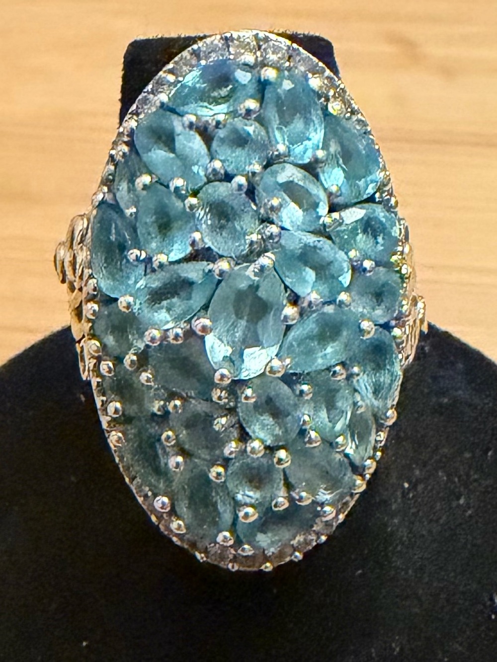 Vintage D'Joy Madagascar Neon Blue Apatite Cluster Ring 925 Silver Size 6